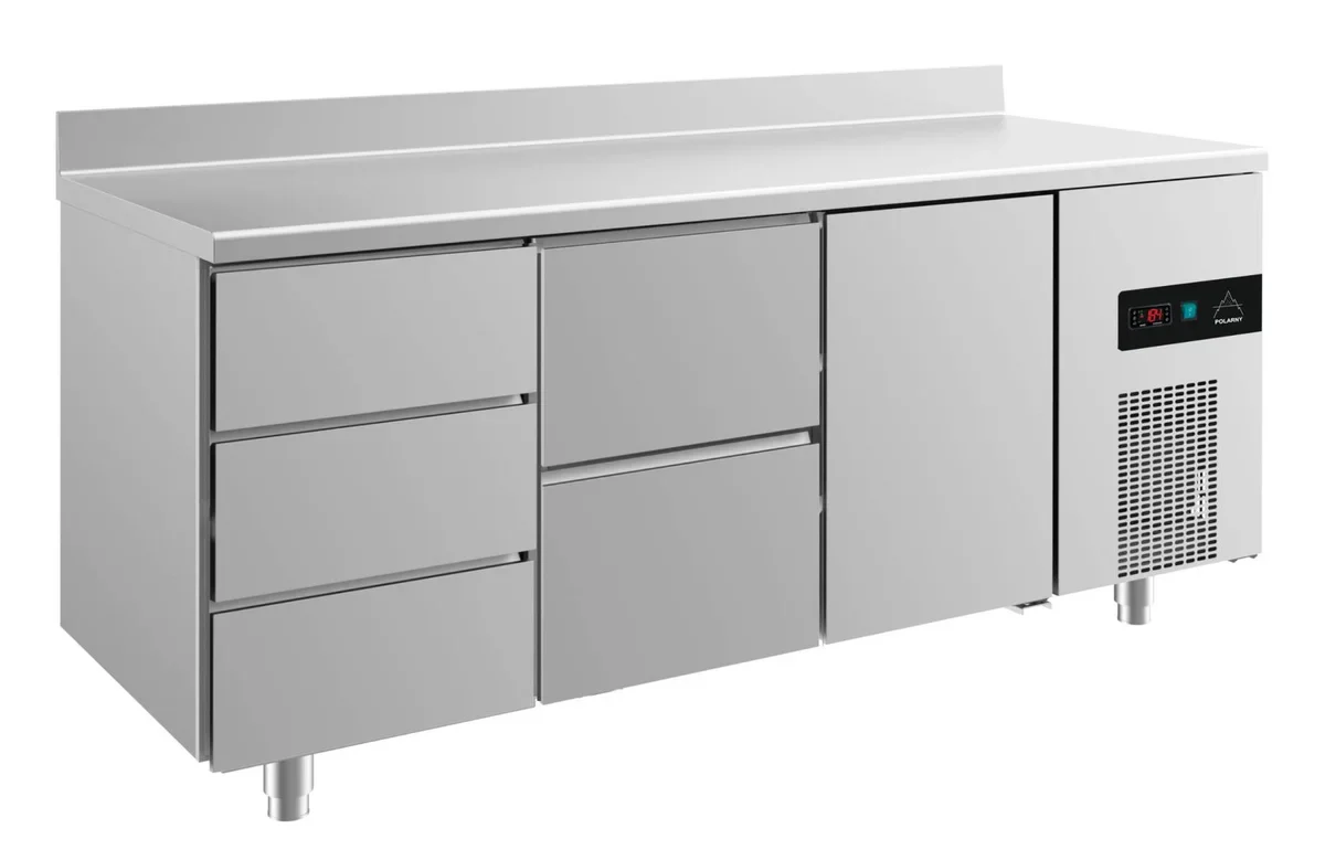 A&S Kühltisch -2 bis +8°C 1865x700x850mm mit 1x Tür, 1x zwei Schubladen und 1x drei Schubladen u. Aufkantung (3DZTA)