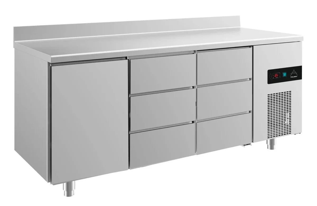 A&S Kühltisch -2 bis +8°C 1865x700x850mm mit 1x Tür und 2x drei Schubladen u. Aufkantung (3TDDA)