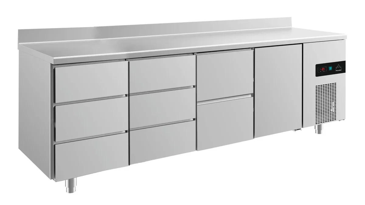 A&S Kühltisch -2 bis +8°C 2330x700x850mm mit 1x Tür, 1x zwei Schubladen und 2x 3 Schubladen u. Aufkantung (4DDZTA)