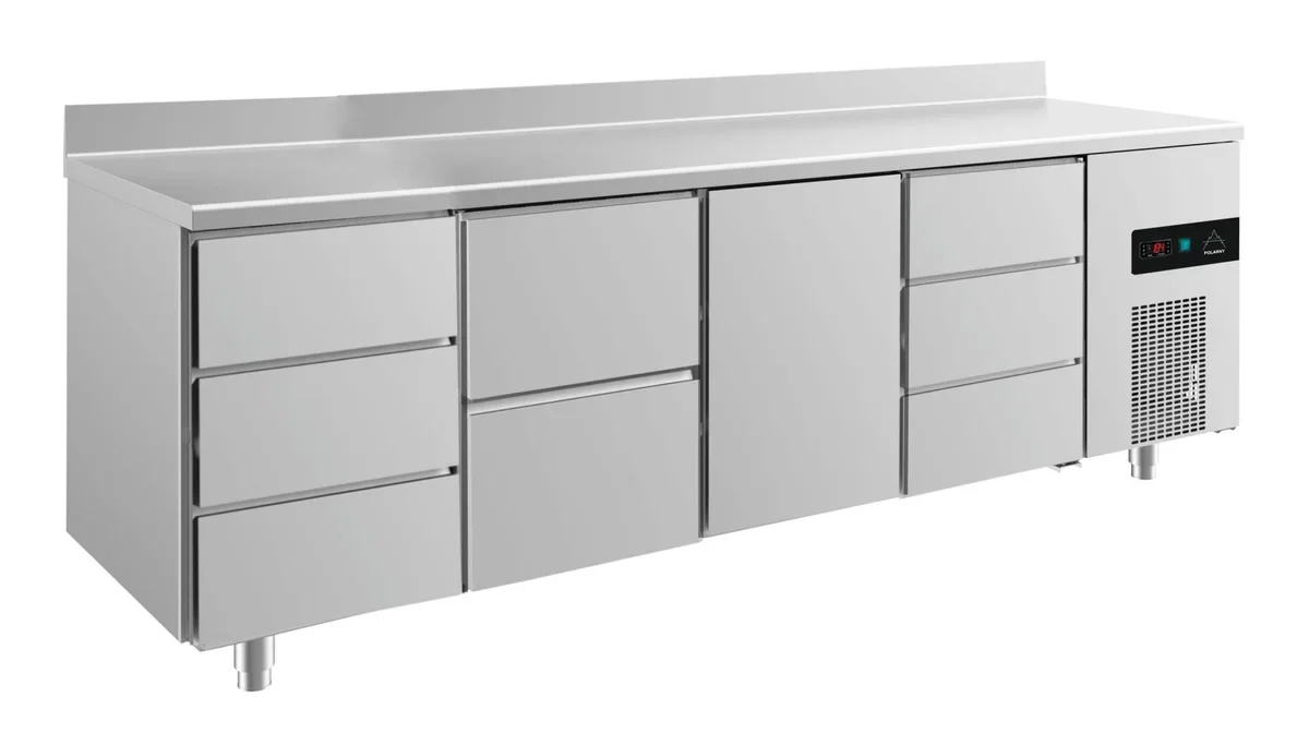 A&S Kühltisch -2 bis +8°C 2330x700x850mm mit 1x Tür, 1x zwei Schubladen und 2x 3 Schubladen u. Aufkantung (4DZTDA)