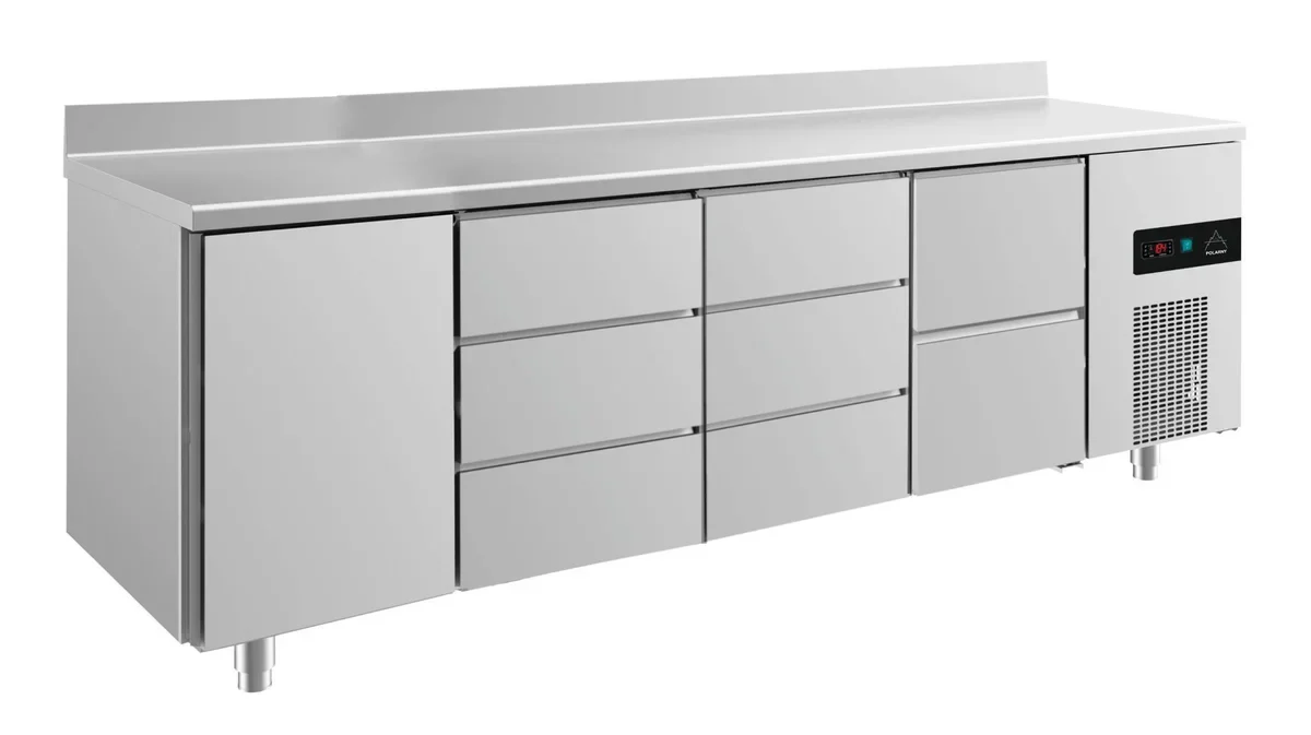 A&S Kühltisch -2 bis +8°C 2330x700x850mm mit 1x Tür, 1x zwei Schubladen und 2x 3 Schubladen u. Aufkantung (4TDDZA)