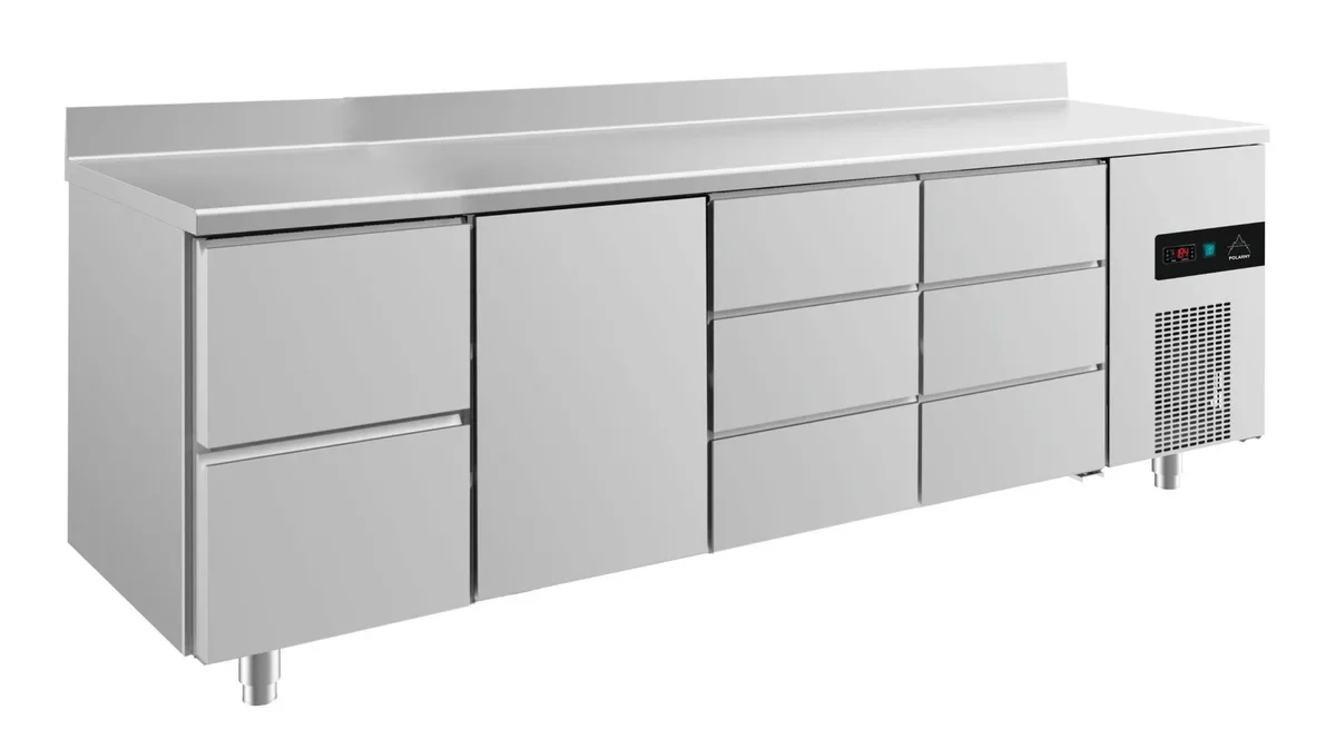 A&S Kühltisch -2 bis +8°C 2330x700x850mm mit 1x Tür, 1x zwei Schubladen und 2x 3 Schubladen u. Aufkantung (4ZTDDA)