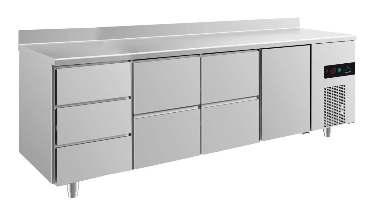 A&S Kühltisch -2 bis +8°C 2330x700x850mm mit 1x Tür, 2x zwei Schubladen und 1x 3 Schubladen u. Aufkantung (4DZZTA)