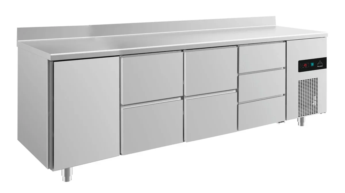 A&S Kühltisch -2 bis +8°C 2330x700x850mm mit 1x Tür, 2x zwei Schubladen und 1x 3 Schubladen u. Aufkantung (4TZZDA)