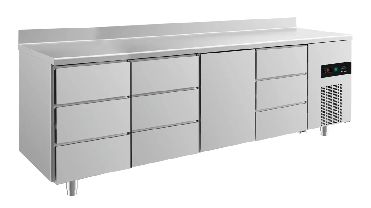 A&S Kühltisch -2 bis +8°C 2330x700x850mm mit 1x Tür und 3x drei Schubladen u. Aufkantung (4DDTDA)