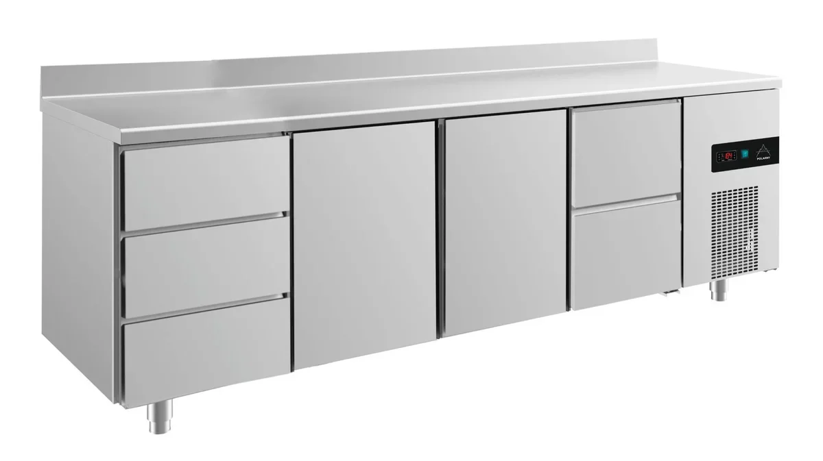 A&S Kühltisch -2 bis +8°C 2330x700x850mm mit 2x Türen, 1x zwei Schubladen und 1x 3 Schubladen u. Aufkantung (4DTTZA)
