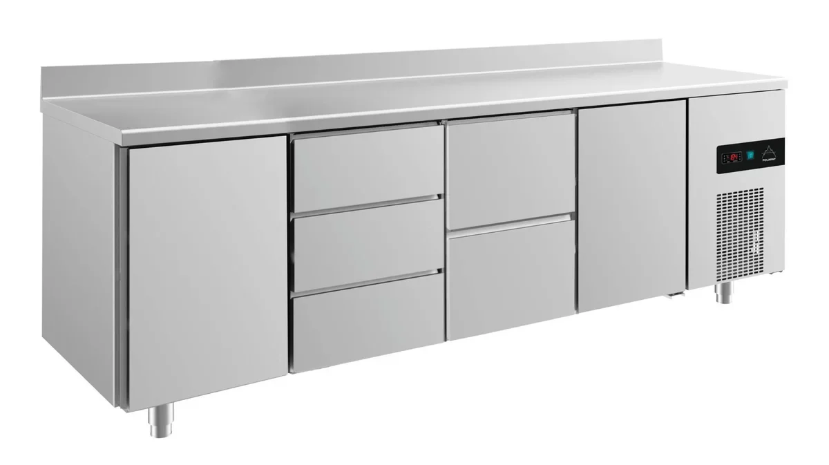 A&S Kühltisch -2 bis +8°C 2330x700x850mm mit 2x Türen, 1x zwei Schubladen und 1x 3 Schubladen u. Aufkantung (4TDZTA)