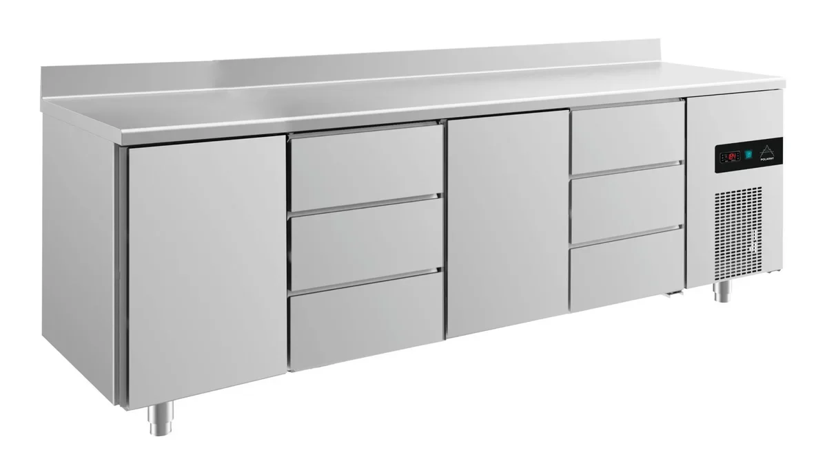 A&S Kühltisch -2 bis +8°C 2330x700x850mm mit 2x Türen und 2x drei Schubladen u. Aufkantung (4TDTDA)