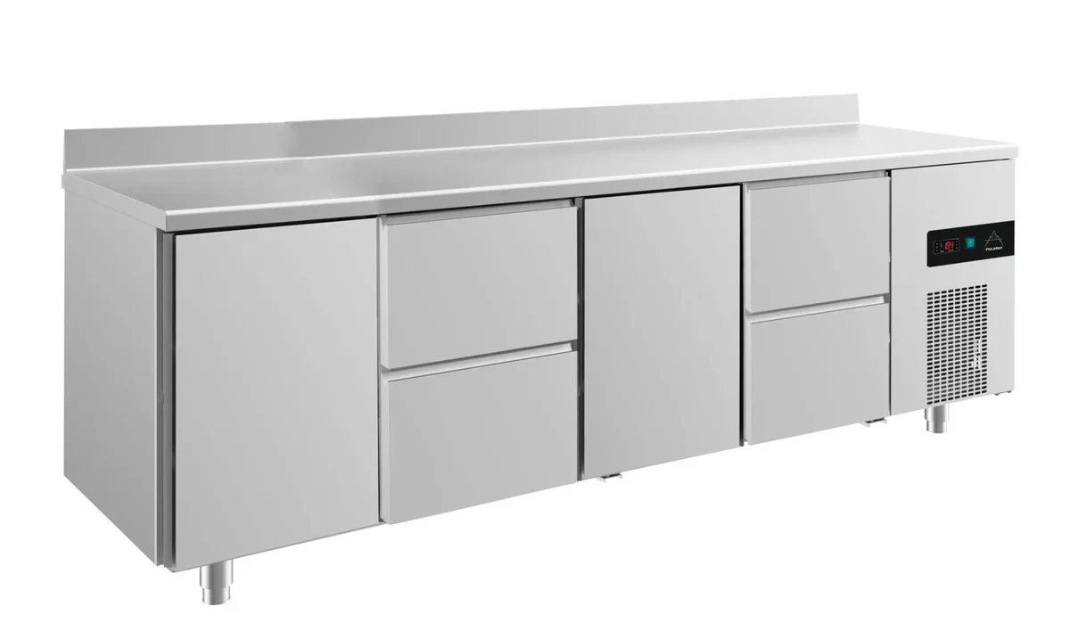 A&S Kühltisch -2 bis +8°C 2330x700x850mm mit 2x Türen und 2x zwei Schubladen u. Aufkantung (4TZTZA)