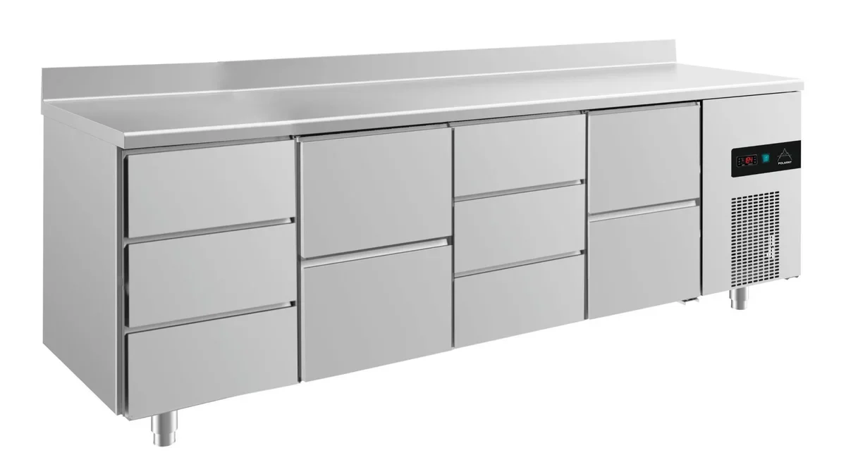 A&S Kühltisch -2 bis +8°C 2330x700x850mm mit 2x zwei Schubladen und 2x drei Schubladen u. Aufkantung (4DZDZA)