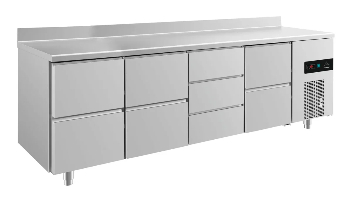 A&S Kühltisch -2 bis +8°C 2330x700x850mm mit 3x zwei Schubladen und 1x drei Schubladen u. Aufkantung (4ZZDZA)