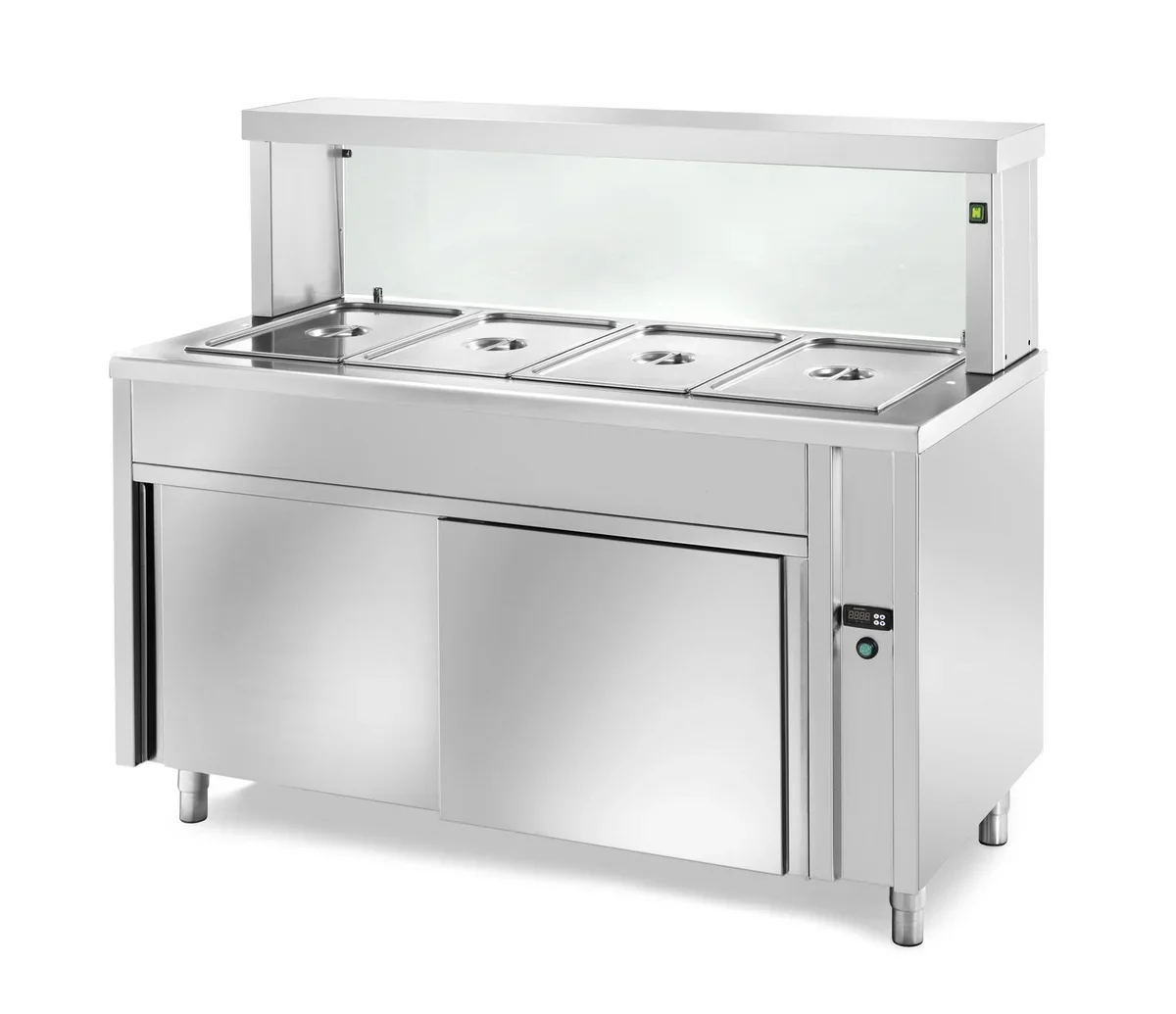 Ausgabe Warmhaltetisch PROFI neutral mit Schiebetüren und eckigem Glasaufsatz 1200x700x1300