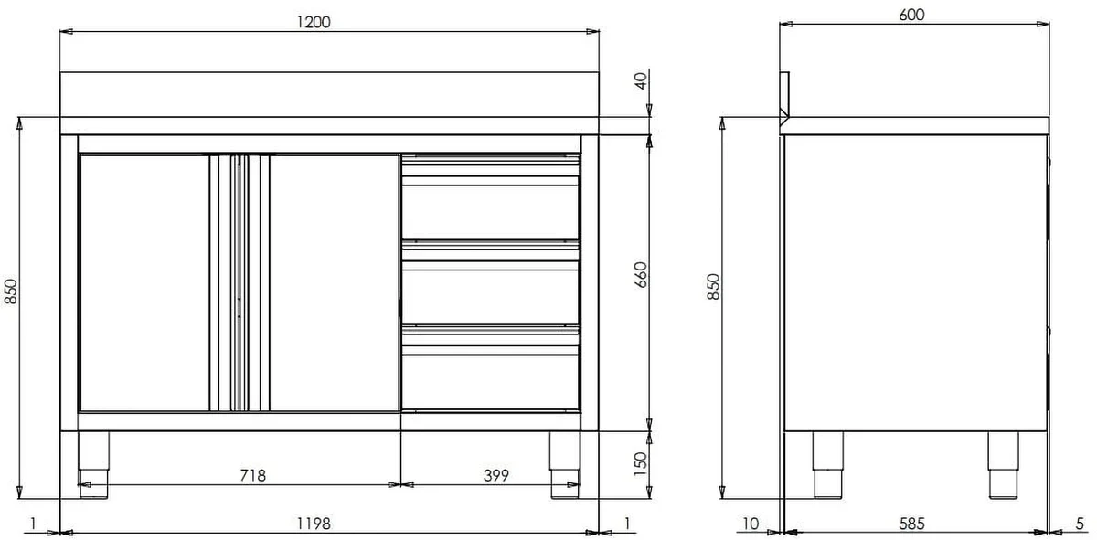Edelstahl-Arbeitsschrank ECO mit Flügeltür und 3 Schubladen 12x6 mit Aufkantung - Image 4