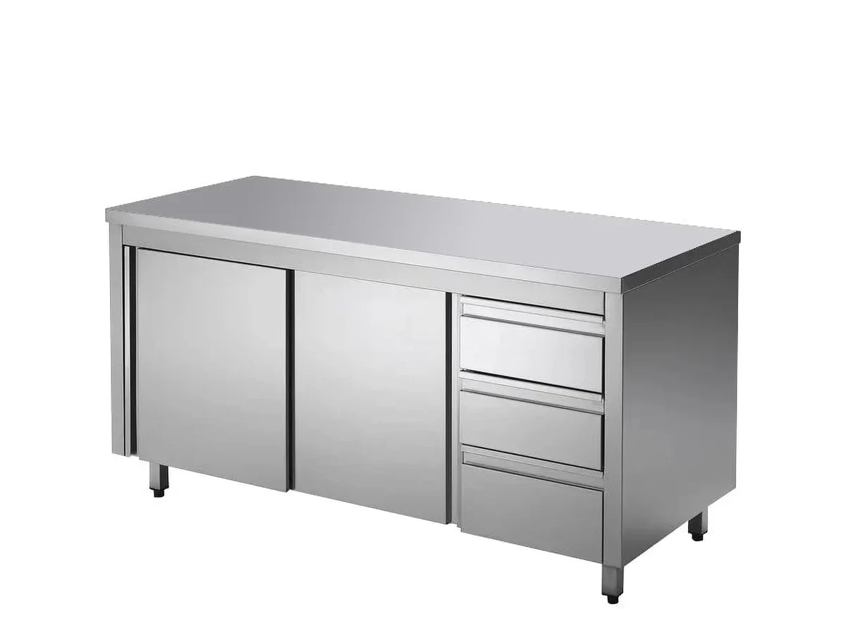 Edelstahl-Arbeitsschrank ECO mit Schiebetür und 3 Schubladen 20x6