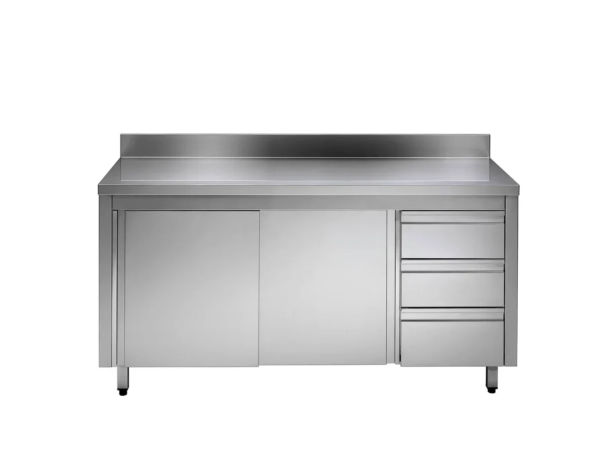 Edelstahl-Arbeitsschrank ECO mit Schiebetür und 3 Schubladen 20x7 mit Aufkantung / Schubladenblock links - Image 2