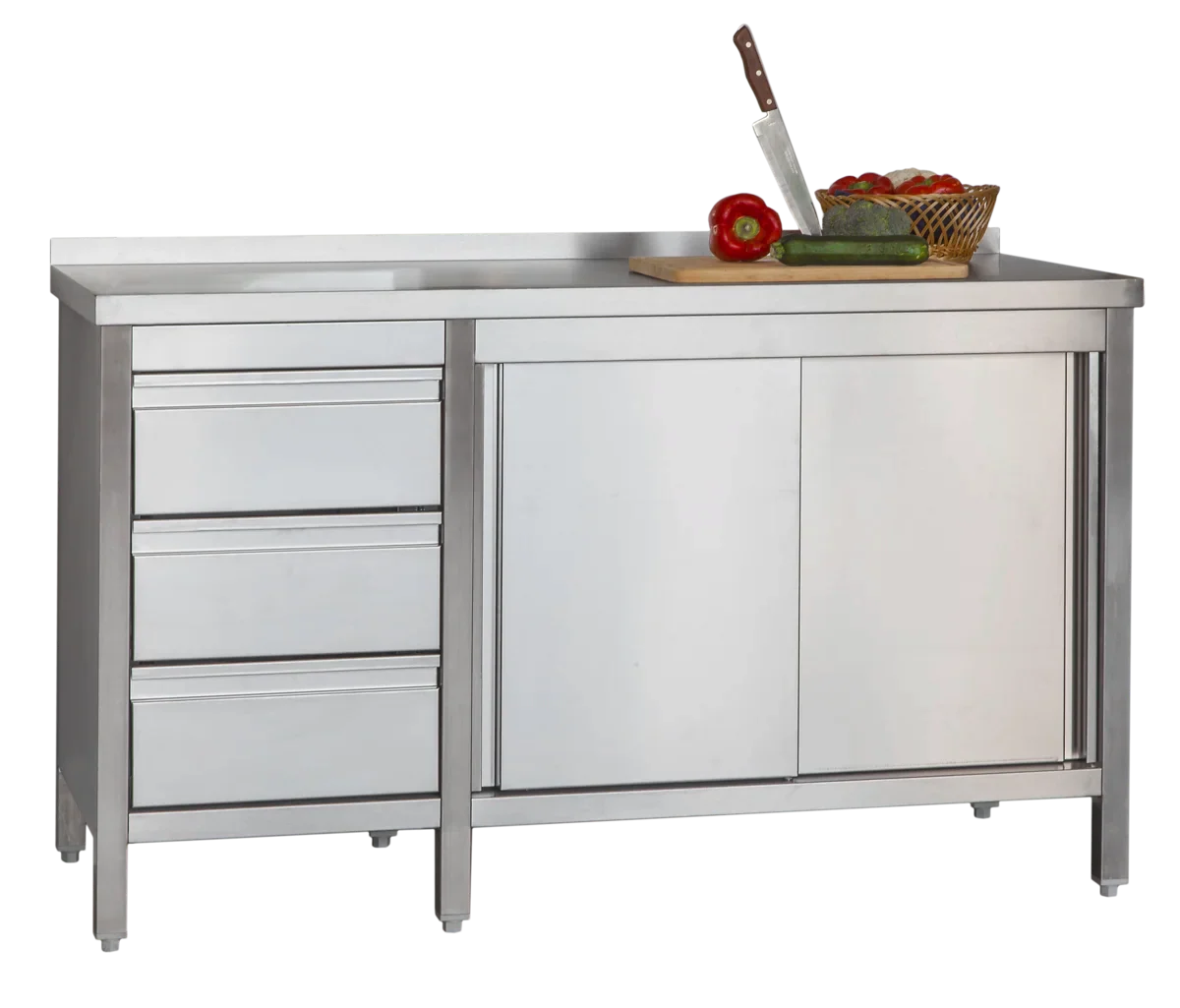 Edelstahl Arbeitsschrank Profi mit Schiebetüren- Aufkantung und 3 Schubladen 1400 x 600 x 850 mm