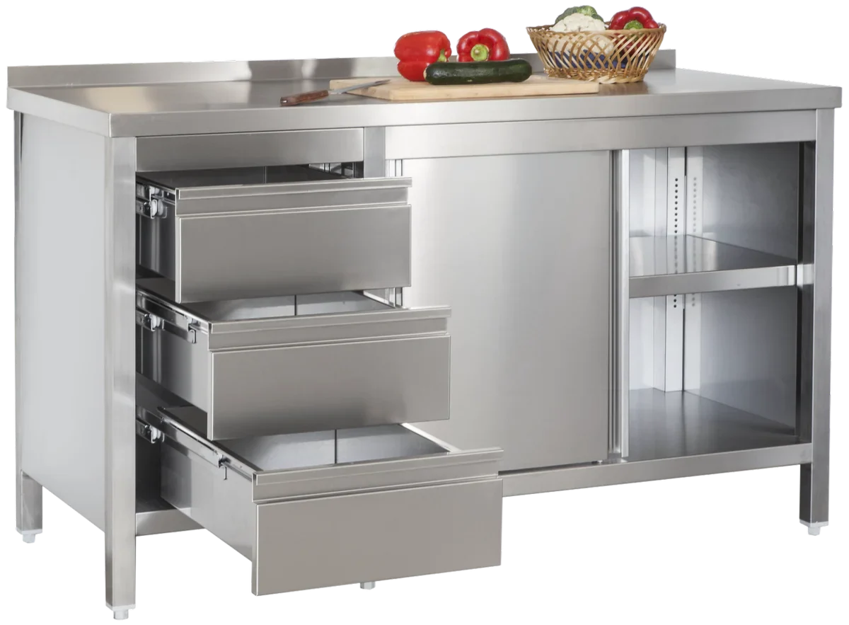Edelstahl Arbeitsschrank Profi mit Schiebetüren - Aufkantung und 3 Schubladen 1600 x 700 x 850 mm