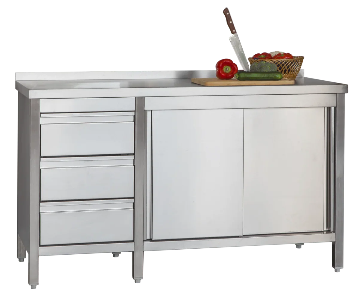 Edelstahl Arbeitsschrank Profi mit Schiebetüren- Aufkantung und 3 Schubladen 1800 x 600 x 850 mm - Image 2
