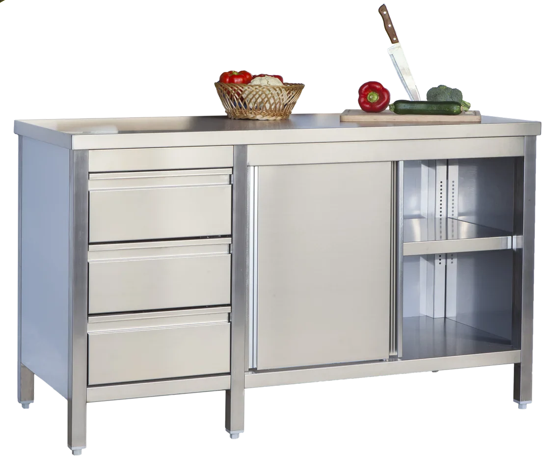 Edelstahl Arbeitsschrank Profi mit Schiebetüren und 3 Schubladen 1600 x 700 x 850 mm - Image 2