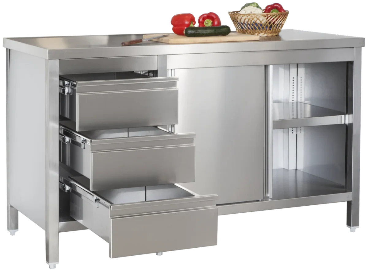 Edelstahl Arbeitsschrank Profi mit Schiebetüren und 3 Schubladen 1800 x 700 x 850 mm - Image 3