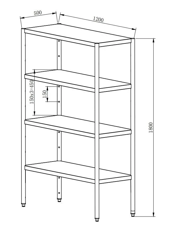 Edelstahl Regal Basic 1200x500x1800 mm, Selbstmontage - Image 2