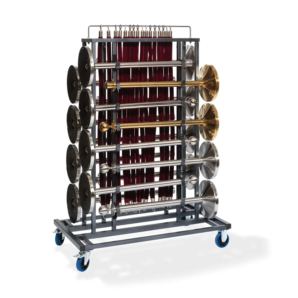Feros Elegance Transportwagen für 16 Absperrpfosten und Absperrkordeln, Hammerschlag, 1290 x 760 x 1800 mm