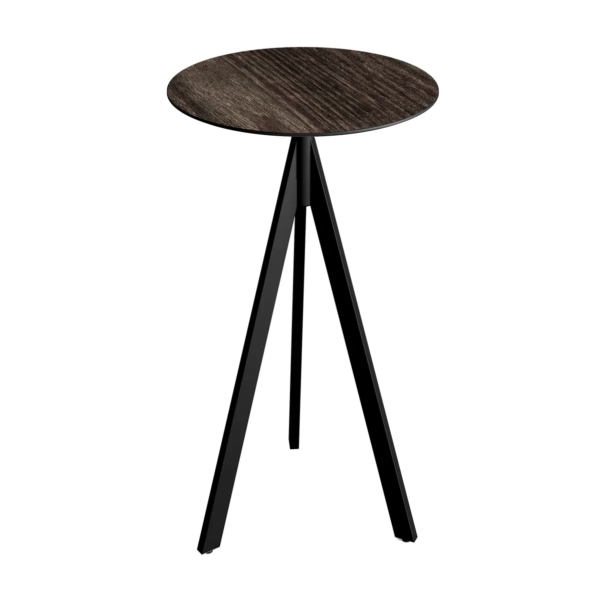 Feros Infinity Tripod Stehtisch Schwarz frame + Riverwashed Wood HPL Ø70 cm