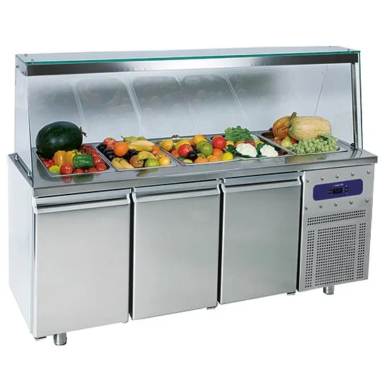 Mastro Saladette mit 3 Türen GN 1/1 und Glasstruktur, 5x GN 1/1 H=150 mm, -2°/+8°C