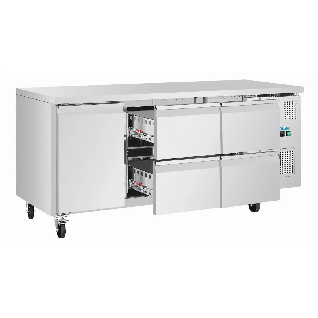 Polar U-Serie Kühltisch 4 Schubladen & 1 Tür 465 Liter auf Rollen - Image 4